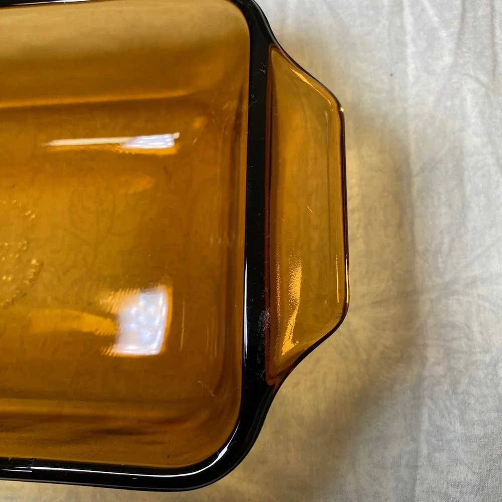 Anchor Hocking 441 Amber Glass Loaf Pan w Woven Basket Cradle 11